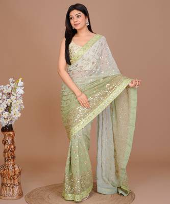 Forest Green Ombr Classic Sequin Patterned Saree With Unstitched Blouse 6
