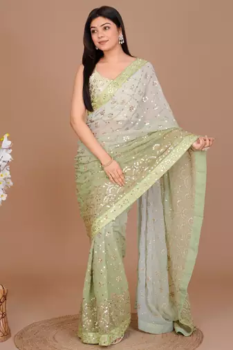 Forest Green Ombr Classic Sequin Patterned Saree With Unstitched Blouse