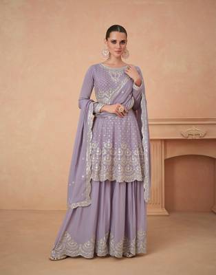 LAVENDER EMBROIDERED CHINON PALAZZO STYLE SALWAR SUIT 1