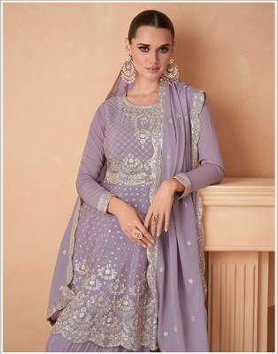 LAVENDER EMBROIDERED CHINON PALAZZO STYLE SALWAR SUIT 2