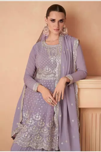 LAVENDER EMBROIDERED CHINON PALAZZO STYLE SALWAR SUIT