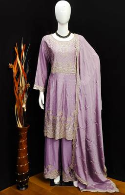 LAVENDER EMBROIDERED CHINON PALAZZO STYLE SALWAR SUIT 3