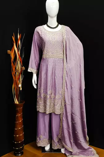 LAVENDER EMBROIDERED CHINON PALAZZO STYLE SALWAR SUIT