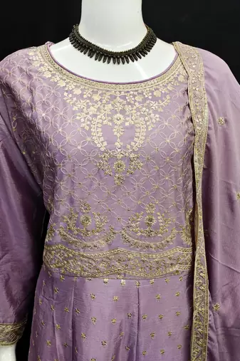 LAVENDER EMBROIDERED CHINON PALAZZO STYLE SALWAR SUIT