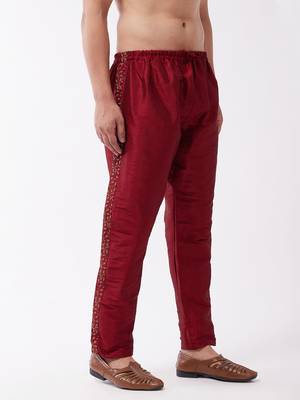 Men'S Maroon Silk Blend Embroidered Pyjama 2
