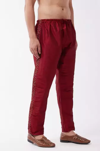 Men'S Maroon Silk Blend Embroidered Pyjama