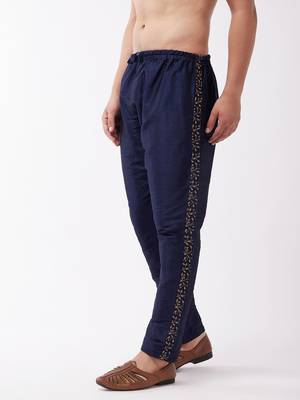 Vastramay men's navy blue silk blend embroidered pyjama 1