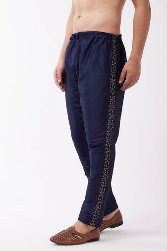 Vastramay men's navy blue silk blend embroidered pyjama