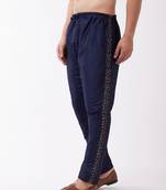 Vastramay men's navy blue silk blend embroidered pyjama