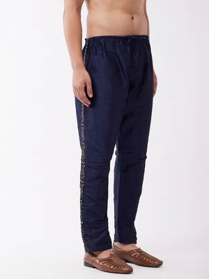 Vastramay men's navy blue silk blend embroidered pyjama 2