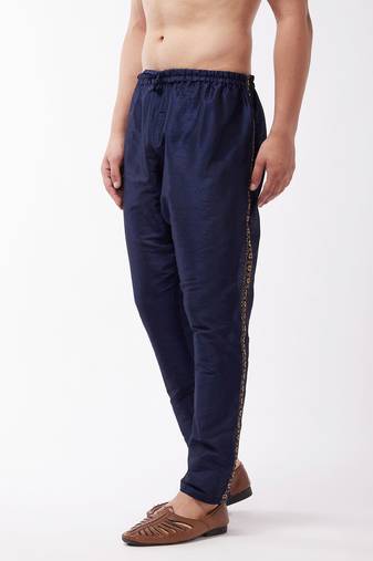 Vastramay men's navy blue silk blend embroidered pyjama