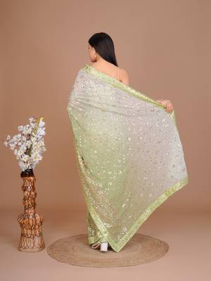 Forest Green Ombr Classic Sequin Patterned Saree With Unstitched Blouse 7