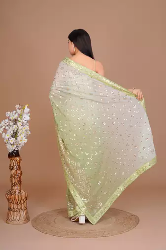 Forest Green Ombr Classic Sequin Patterned Saree With Unstitched Blouse