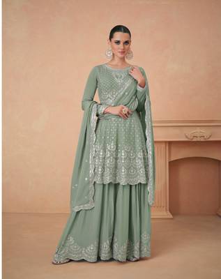 PASTLE GREEN CHINON EMBROIDERED PALAZZO STYLE SALWAR KAMEEZ 1