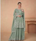 PASTLE GREEN CHINON EMBROIDERED PALAZZO STYLE SALWAR KAMEEZ