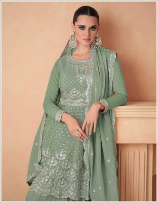 PASTLE GREEN CHINON EMBROIDERED PALAZZO STYLE SALWAR KAMEEZ 2