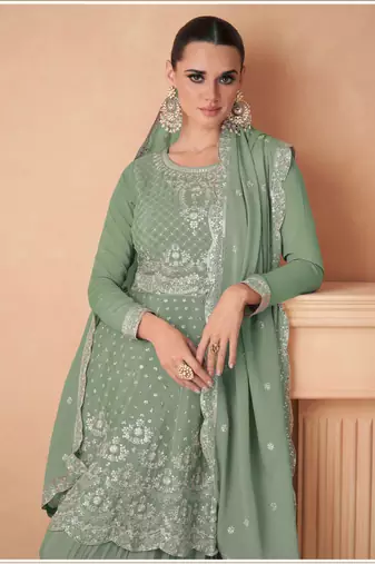 PASTLE GREEN CHINON EMBROIDERED PALAZZO STYLE SALWAR KAMEEZ