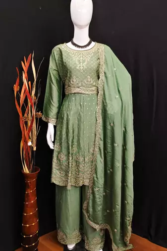 PASTLE GREEN CHINON EMBROIDERED PALAZZO STYLE SALWAR KAMEEZ
