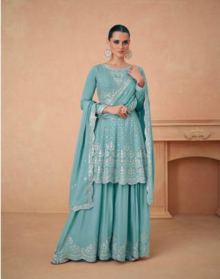 AQUA BLUE CHINON EMBROIDERED PALLAZO STYLE SALWAR SUIT 1