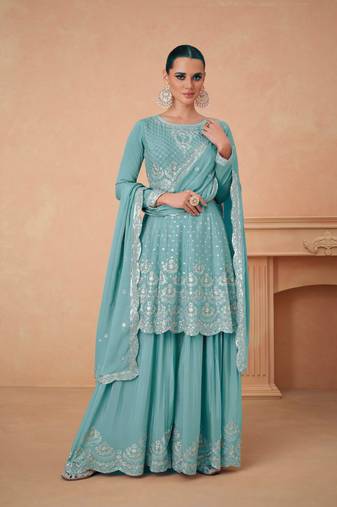 AQUA BLUE CHINON EMBROIDERED PALLAZO STYLE SALWAR SUIT