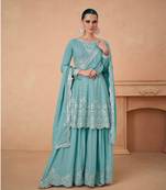 AQUA BLUE CHINON EMBROIDERED PALLAZO STYLE SALWAR SUIT