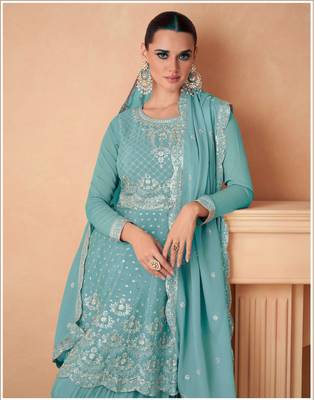 AQUA BLUE CHINON EMBROIDERED PALLAZO STYLE SALWAR SUIT 2