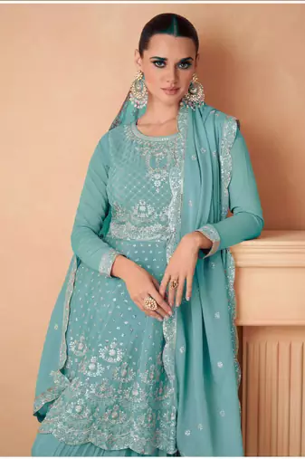 AQUA BLUE CHINON EMBROIDERED PALLAZO STYLE SALWAR SUIT