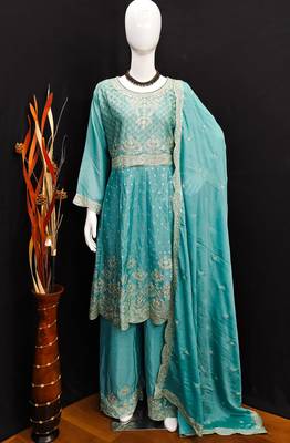 AQUA BLUE CHINON EMBROIDERED PALLAZO STYLE SALWAR SUIT 3
