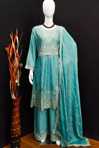 AQUA BLUE CHINON EMBROIDERED PALLAZO STYLE SALWAR SUIT