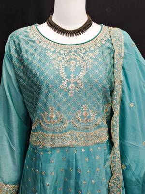 AQUA BLUE CHINON EMBROIDERED PALLAZO STYLE SALWAR SUIT 4