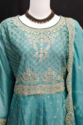 AQUA BLUE CHINON EMBROIDERED PALLAZO STYLE SALWAR SUIT