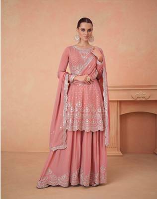 PEACH CHINON EMBROIDERED PALLAZO STYLE SALWAR SUIT 1