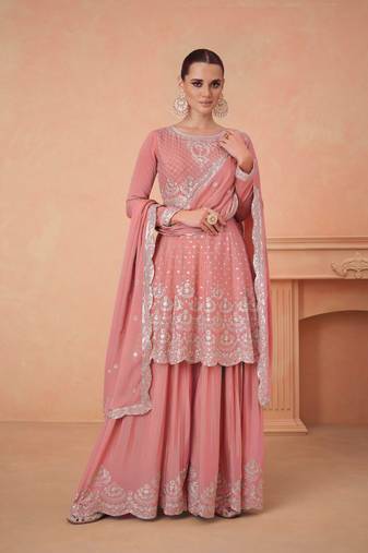 PEACH CHINON EMBROIDERED PALLAZO STYLE SALWAR SUIT