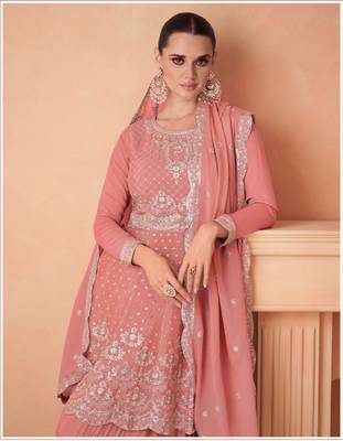 PEACH CHINON EMBROIDERED PALLAZO STYLE SALWAR SUIT 2
