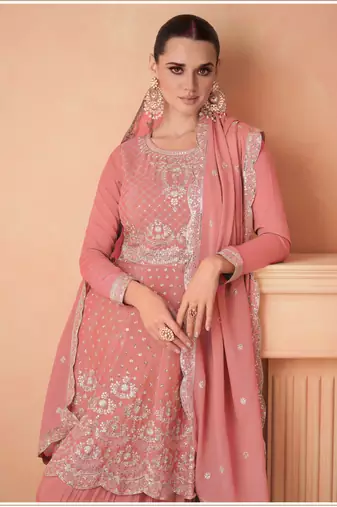 PEACH CHINON EMBROIDERED PALLAZO STYLE SALWAR SUIT