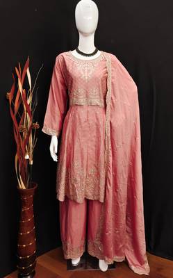 PEACH CHINON EMBROIDERED PALLAZO STYLE SALWAR SUIT 3