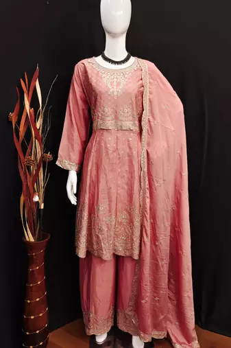PEACH CHINON EMBROIDERED PALLAZO STYLE SALWAR SUIT