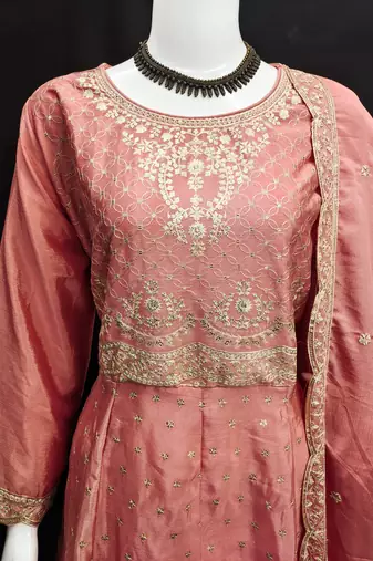 PEACH CHINON EMBROIDERED PALLAZO STYLE SALWAR SUIT