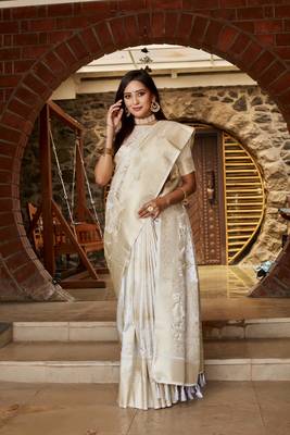 Koram Off White Kanjivaram Soft Satin Silk Zari Weaving Border And Woven Pallu Saree With Blouse For Women  3