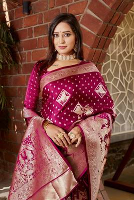 Koram Red Kanjivaram Soft Satin Silk Zari Weaving Border And Woven Pallu Saree With Blouse For Women 3