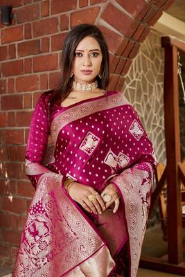 Koram Red Kanjivaram Soft Satin Silk Zari Weaving Border And Woven Pallu Saree With Blouse For Women 4