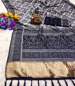 Koram Navy Blue Dola Silk Bandhej Woven Border And Lagdi Patta Bandhej Pallu Saree With Blouse For Women 