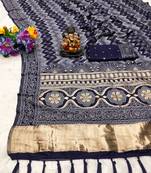 Koram Navy Blue Dola Silk Bandhej Woven Border And Lagdi Patta Bandhej Pallu Saree With Blouse For Women 