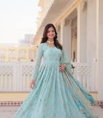 Sky blue colour heavy zari and sequins work ethnic wedding wear gown with dupatta