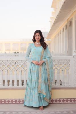 Sky blue colour heavy zari and sequins work ethnic wedding wear gown with dupatta 2