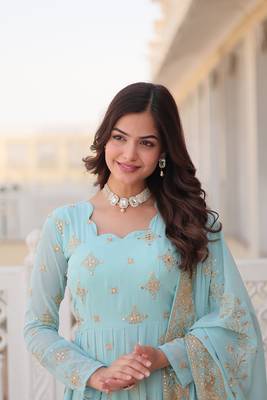 Sky blue colour heavy zari and sequins work ethnic wedding wear gown with dupatta 4