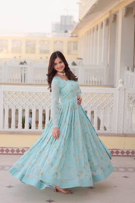 Sky blue colour heavy zari and sequins work ethnic wedding wear gown with dupatta 5