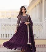 Wine colour designer fancy partywear gown with dupatta with graceful bollywood looks