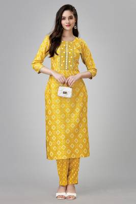 Yellow colour ethnic festive wear kurta bottom set for girlish looks 1