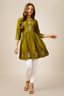 Smart casual rayon fabric mahendi colour sequins work formal wear short kurti 1